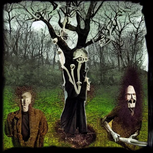 Prompt: two men and the bone carver. and also the trees. folk horror style art. realistic. collage mixed media