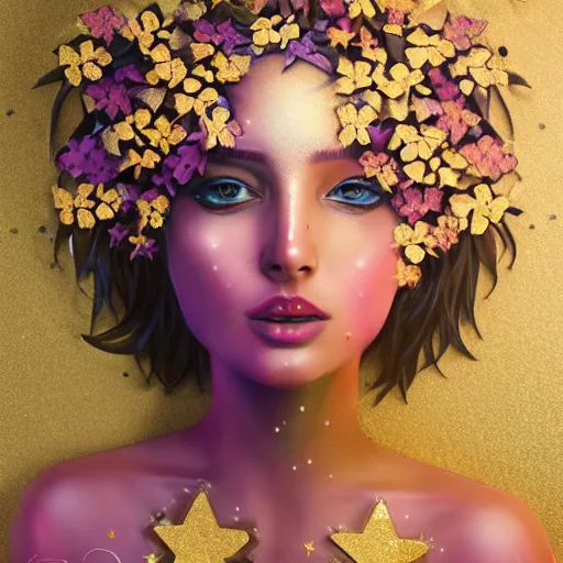 Image similar to man made of beautiful flowers and stars. fantasy art. trending on artstation. 4 k. pastel. golden foil. elegant