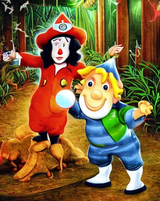 Prompt: noddy drinking milk in a haunted jungle full of cheese at midnight with disco lights and dancing policeman