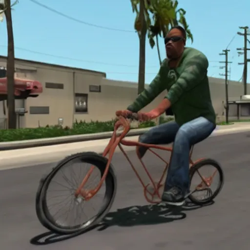Prompt: elon musk riding a bike in gta san andreas