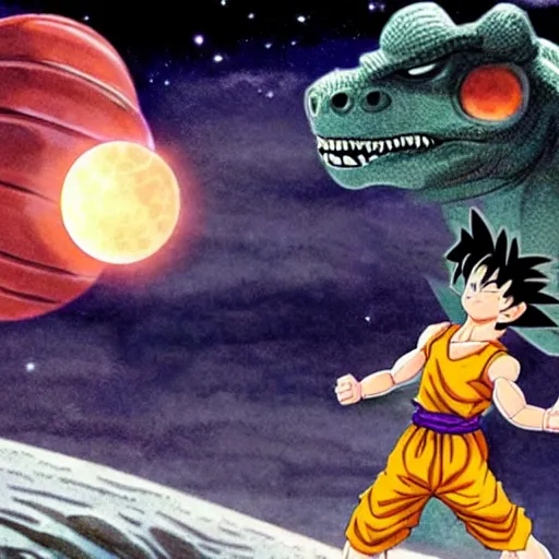 Image similar to son goku having a basketball match with a t - rex on the moon