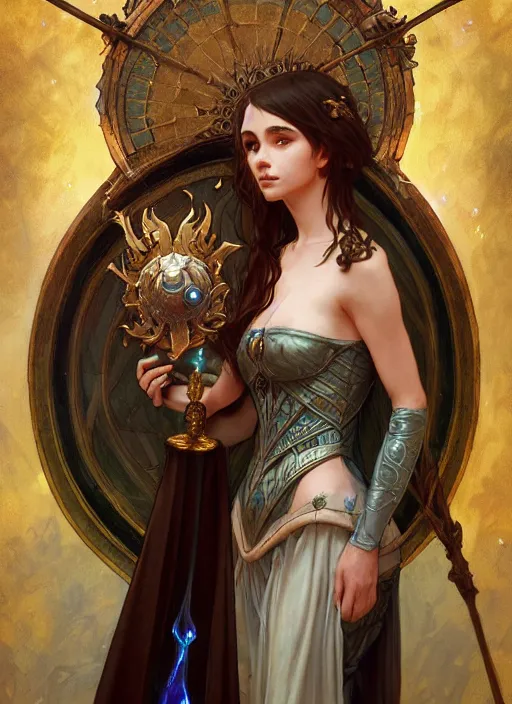 Image similar to summoner dressed in medieval gown with a cute water elemental, fantasy, intricate, elegant, highly detailed, digital painting, artstation, concept art, wallpaper, smooth, sharp focus, illustration, art by artgerm and greg rutkowski and alphonse mucha