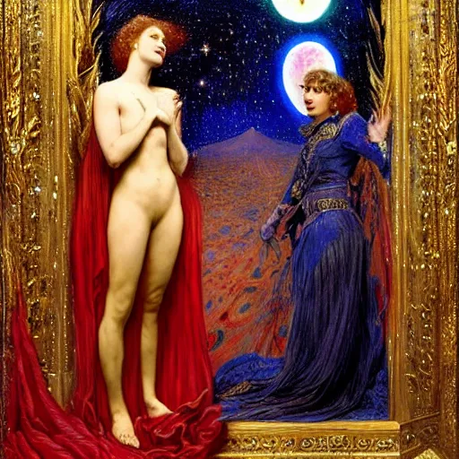 Image similar to the queen of the moon and the stars in full regalia, by Annie Swynnerton and Tino Rodriguez and jean delville, elaborately costumed, rich color, dramatic cinematic lighting, extremely detailed