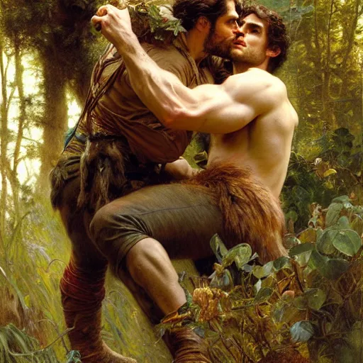 Image similar to attractive henry cavill as withcer and attractive joey batey as jaskier hauting wild creature in the wood highly detailed painting by gaston bussiere, craig mullins, j. c. leyendecker, alphonse mucha 8 k