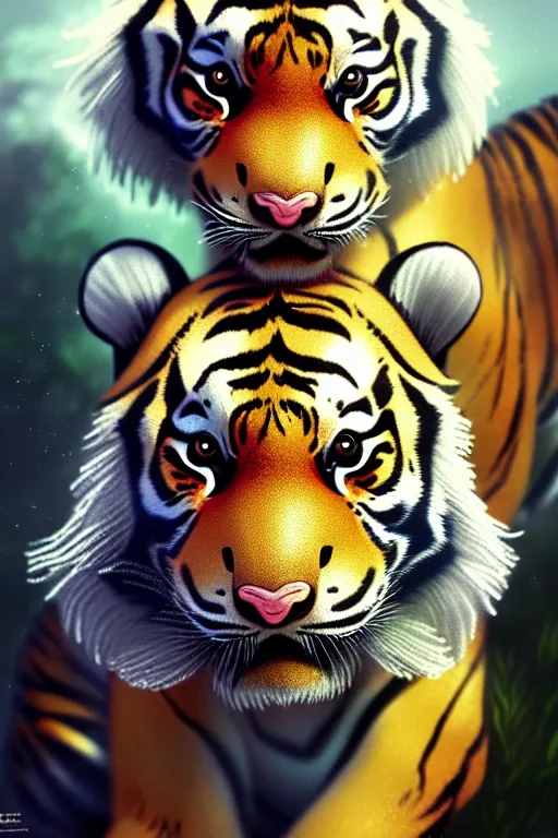 Image similar to clear portrait of a baby tiger, cottagecore!!, background hyper detailed, character concept, full body, dynamic pose, glowing lights!! intricate, elegant, highly detailed, digital painting, artstation, concept art, smooth, sharp focus, illustration, art by artgerm and greg rutkowski and alphonse mucha