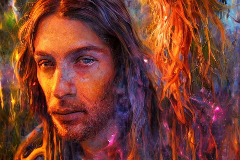 Image similar to full-length portrait of psychedelic shaman under fire light, highly detailed, sharp focused, ultra realistic digital concept art by Alyssa Monks, Charlie Bowater