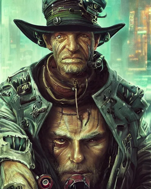 Image similar to an intimate portrait of a gnarly human cyberpunk captain, old skin, faded hat, charming, strong leader, green eyes, a look of cunning, detailed matte fantasy painting