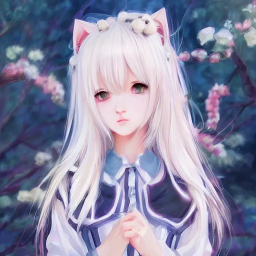 Image similar to realistic beautiful gorgeous natural cute Blackpink Lalisa Manoban white hair cute white cat ears in maid dress outfit golden eyes artwork drawn full HD 4K highest quality in artstyle by professional artists WLOP, Taejune Kim, Guweiz, ArtGerm on Artstation Pixiv