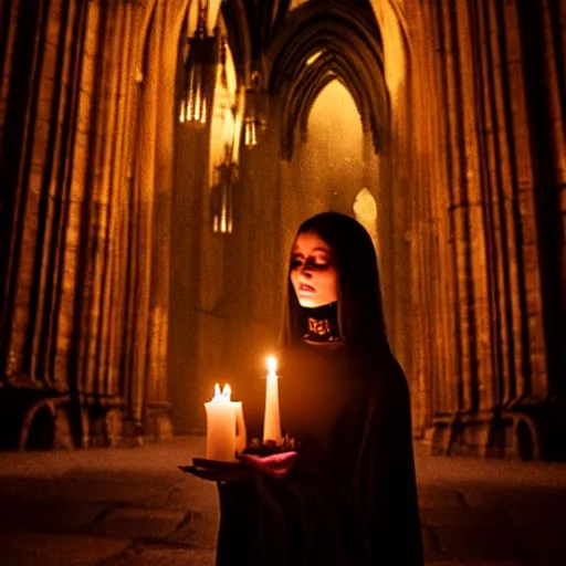 Image similar to a photograph of a beautiful gothic girl inside a dark gothic cathedral illuminated by candles, impressive scene. grainy and rough. soft colour scheme.