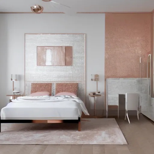 Image similar to 3 d render of white bedroom with rose gold metallic accents