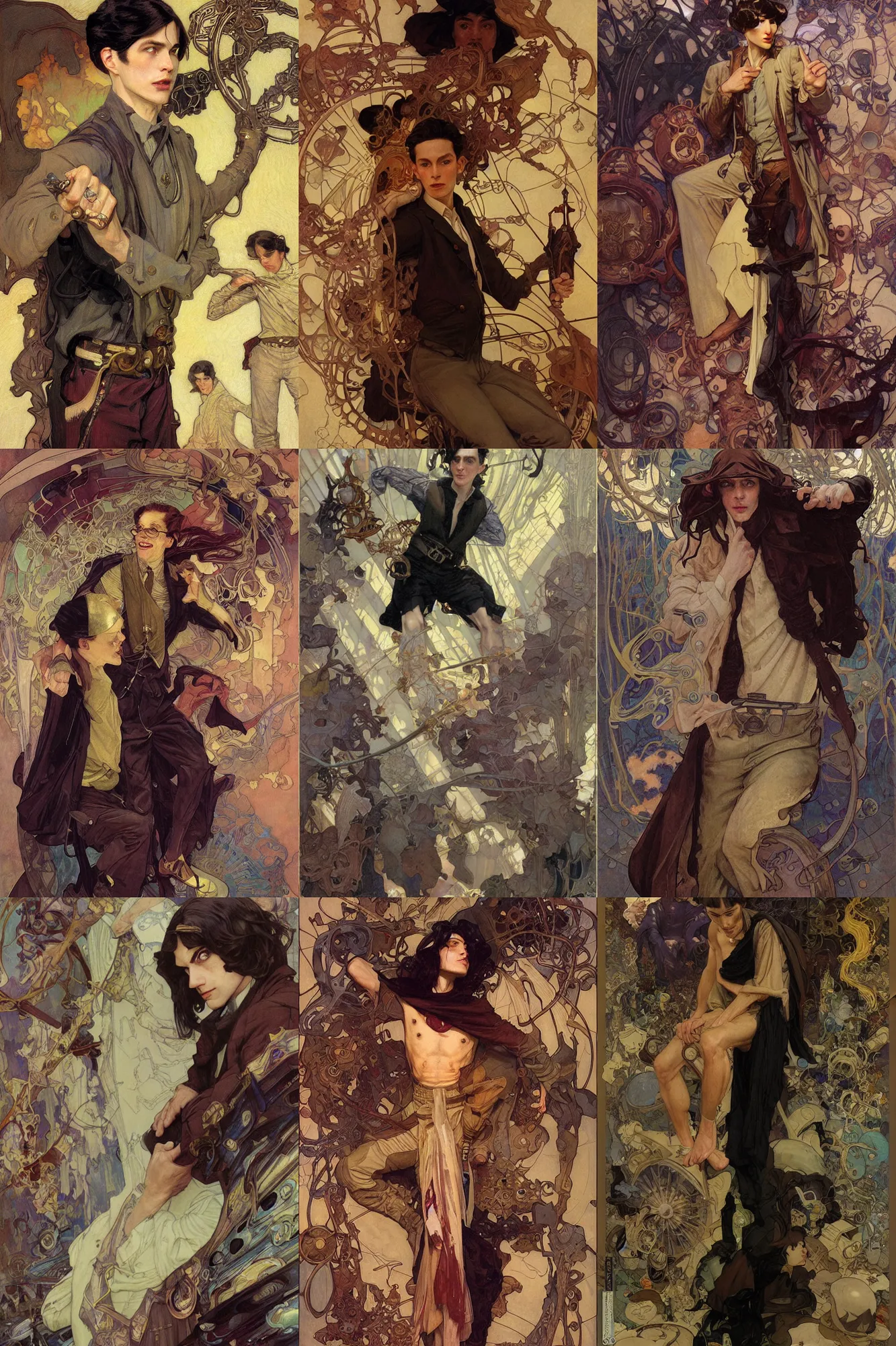 Prompt: thin young male alchemist, long dark hair, 1 9 2 0 s fashion, art by joseph leyendecker, donato giancola, dean cornwell, peter mohrbacher, ruan jia, marc simonetti, ayami kojima, cedric peyravernay, alphonse mucha, victo ngai