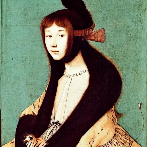 Prompt: a portrait of the young lady hatsune miku, painted by hans holbein, 1 8 th century, human girl, vibrant - n 9