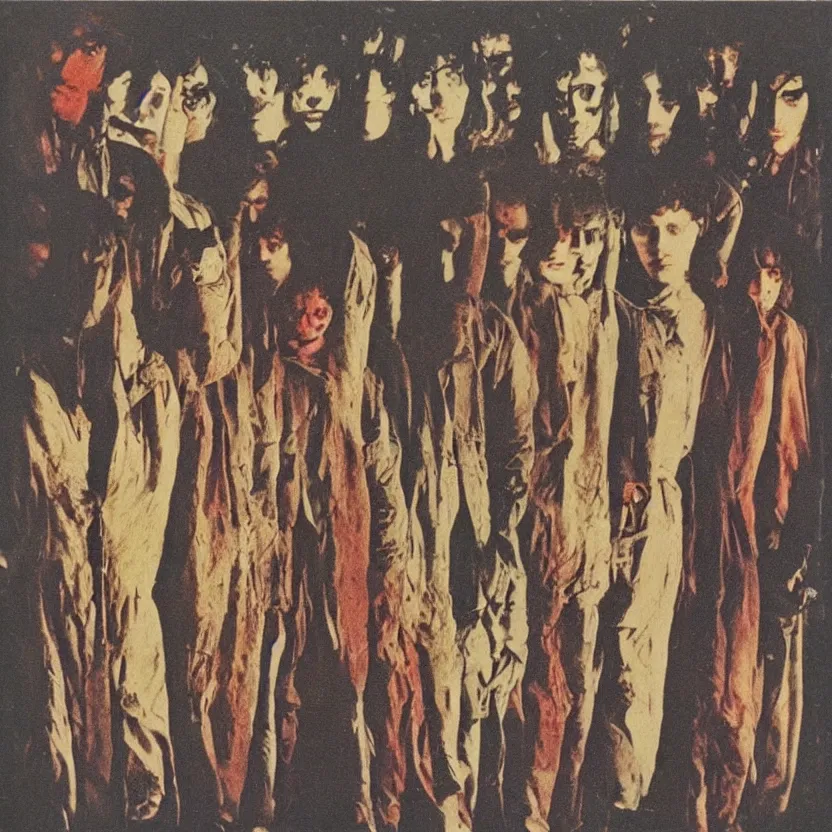 Image similar to a group of men standing next to each other, an album cover by Syd Barrett, pinterest, mannerism, antichrist, flickering light, 1970s