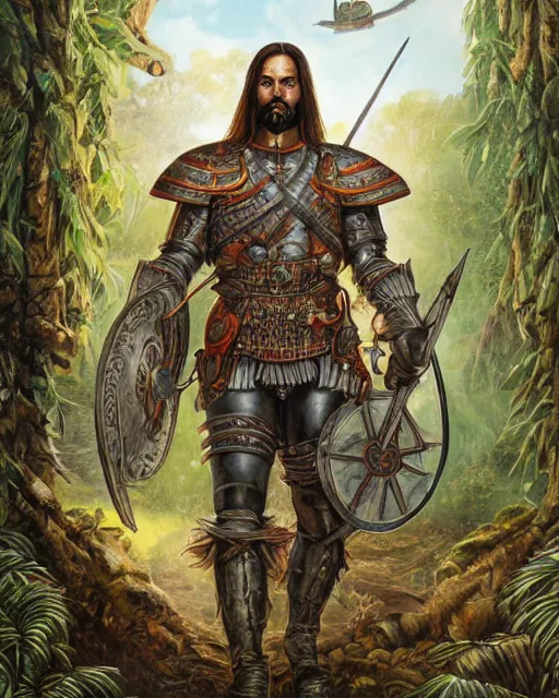 Prompt: ultrarealistic illustration of conquistador, symmetrical, by daniel zrom and nicola saviori, jungle background, detailed