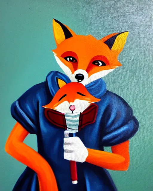 Image similar to oil painting portrait of anthropomorphic female fox animal dressed in labcoat, surgical mask covering mouth, holding syringe, fox animal, hospital in background, oil painting,