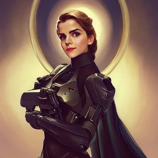 Image similar to A combination of Victoria Justice's and Grace Kelly's and Emma Watson's appearances as Master Chief, full body portrait, western, D&D, fantasy, intricate, elegant, highly detailed, digital painting, artstation, concept art, matte, sharp focus, illustration, art by Artgerm and Greg Rutkowski and Alphonse Mucha