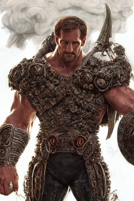 Image similar to ultra realistic illustration,, a hulking herculean alexander skarsgard with leather armour, from doom and warhammer, intricate, elegant, highly detailed, digital painting, artstation, concept art, smooth, sharp focus, illustration, art by artgerm and greg rutkowski and alphonse mucha