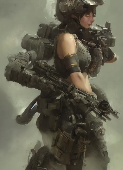 Prompt: of a beautiful sniper girl in war, with some futuristic gear and helmet, portrait by ruan jia and richard s. johnson, detailed, epic video game art, warm color tone