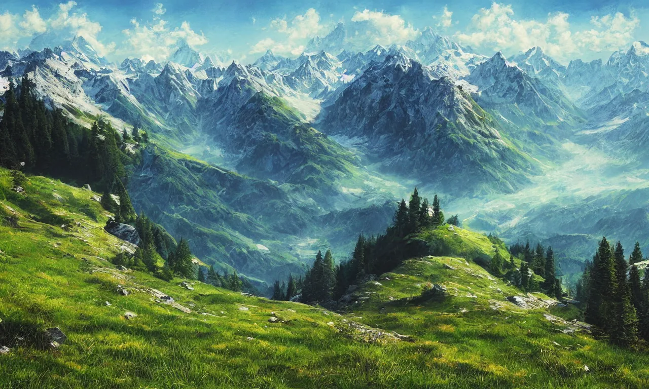 Image similar to realistic view from a mountaintop, high mountains, green meadow, alps, pyranees, digital painting, realistic lighting