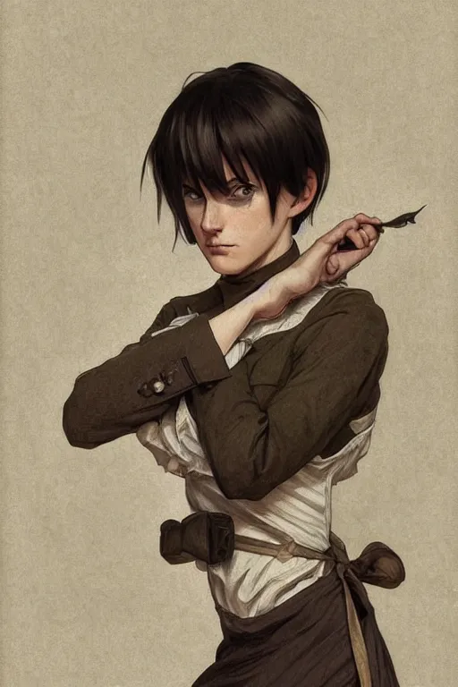 Image similar to cottagecore, man, Levi Ackerman, short hair, pointy nose, annoyed, wearing a maid outfit.elegant. highly detailed, digital painting, artstation, concept art, smooth, sharp, focus, illustration. art by artgerm and greg rutkowski alphonse mucha and Marat Safin