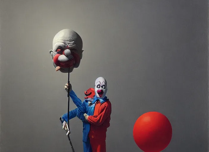 Prompt: A grumpy man in a clown mask with a knife in his hands stands in a toy store and buys a black inflatable balloon, highly detailed, soft lighting, elegant, Wayne Barlowe, Edward Hopper and James Gilleard, Zdzislaw Beksinski, Steven Outram, highly detailed