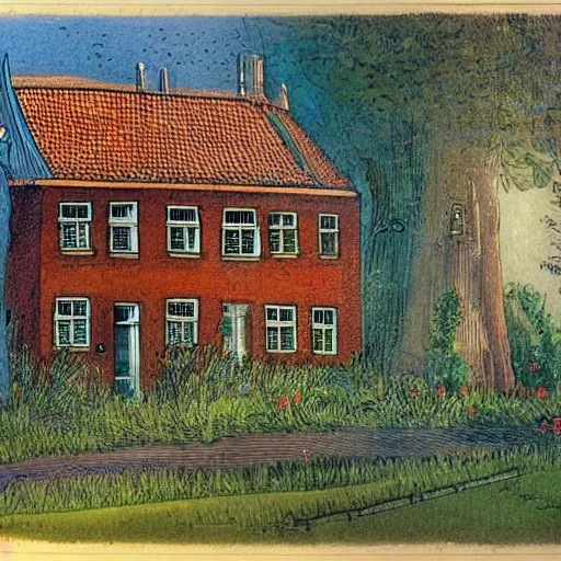 Image similar to old dutch house, lush garden next to highway, drawing by moebius