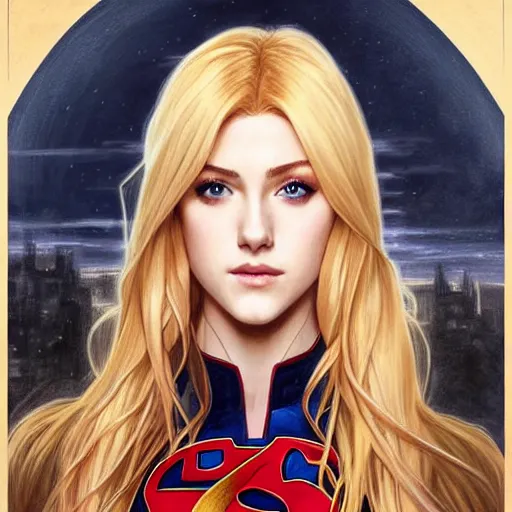 Prompt: Katherine McNamara with blonde hair as Super Girl, western, D&D, fantasy, intricate, elegant, highly detailed, digital painting, artstation, concept art, matte, sharp focus, illustration, art by Artgerm and Greg Rutkowski and Alphonse Mucha