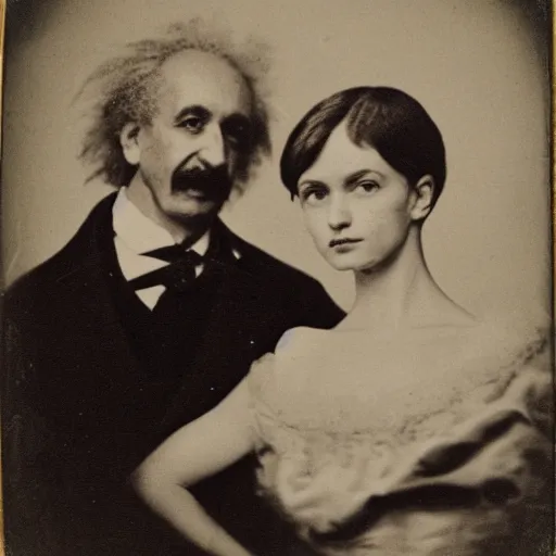 Prompt: portrait of ballerina and einstein posing together, daguerreotype