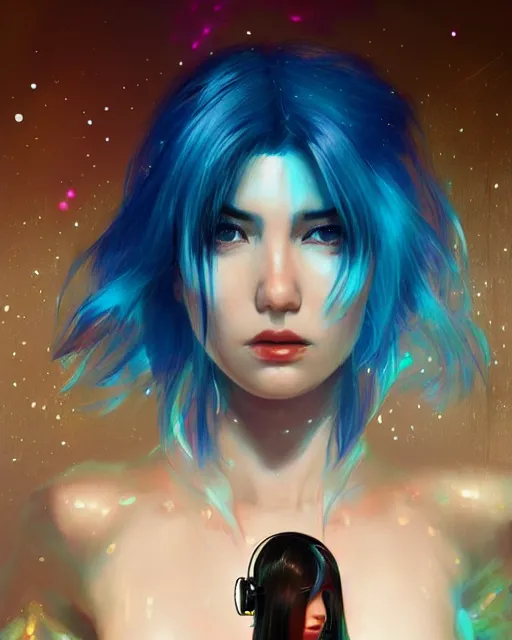 Image similar to pretty girl with blue hair, dj girl, in a club, laser lights background, sharp focus, digital painting, 8 k, concept art, art by wlop, artgerm, greg rutkowski and alphonse mucha