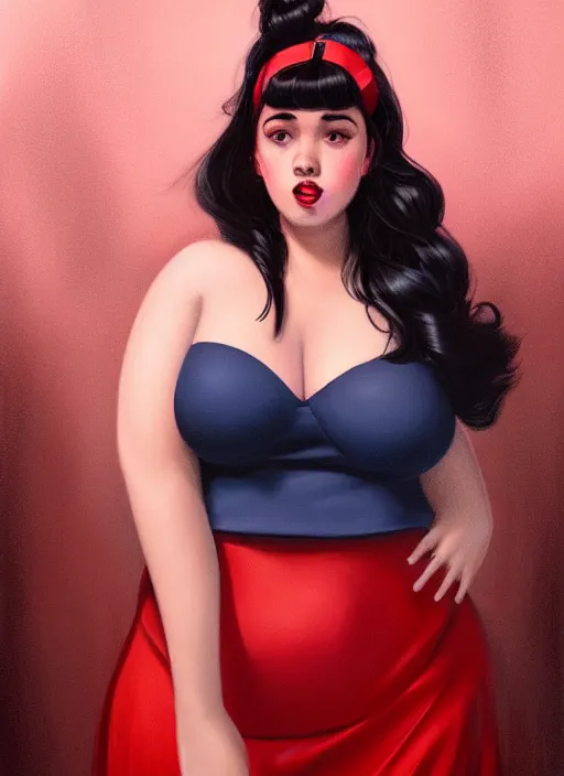 Image similar to full body portrait of teenage veronica lodge, obese, bangs, sultry, realistic, sultry smirk, wavy hair, red skirt, fat, belly, intricate, elegant, glowing lights, highly detailed, digital painting, artstation, concept art, smooth, sharp focus, illustration, art by wlop, mars ravelo and greg rutkowski