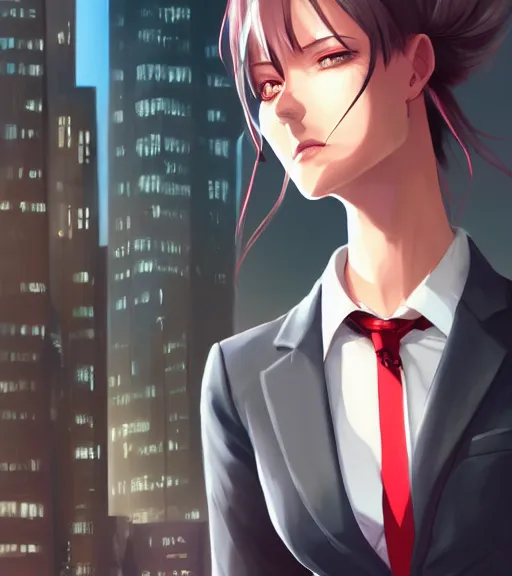 Image similar to a girl in a business suit, close up, sharp focus, red necktie, grey hair, serious expression, full body shot, pixiv, city background, digital painting, by tran ross and jordan grimmer and greg rutkowski, anime art, artstation, hd, smooth,