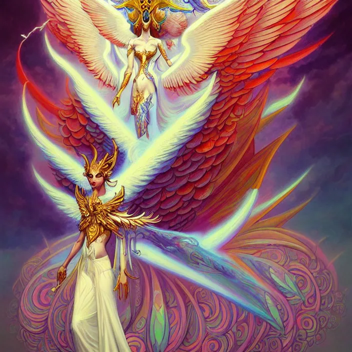 Prompt: stylized painting of an psychedelic angelic celestial being mythical creature by peter mohrbacher, by philippe druillet trending on artstation, winged head, many wings body, white and gold trim skin, sacred geometry, esoteric art