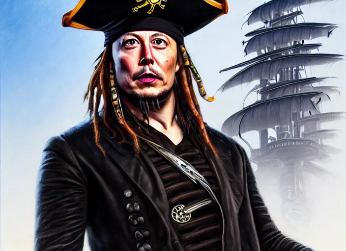 Image similar to highly detailed portrait of Elon Musk as a dread pirate captain, proudly posing at the helm of his frigate wearing a pirate hat, full body, artstation, cinematic lighting, hyperdetailed, cgsociety, 8k, high resolution, insanely detailed and intricate, concept art, smooth, sharp focus, illustration, art by John Collier and Albert Aublet and Krenz Cushart and Artem Demura and Alphonse Mucha