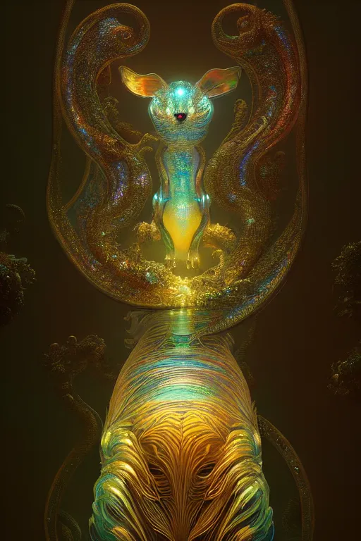 Image similar to iridescent opalescent animal, backlit, warm tones, bioluminescent : by michal karcz, daniel merriam, victo ngai and guillermo del toro : ornate, dynamic, particulate, intricate, elegant, highly detailed, centered, artstation, smooth, sharp focus, octane render