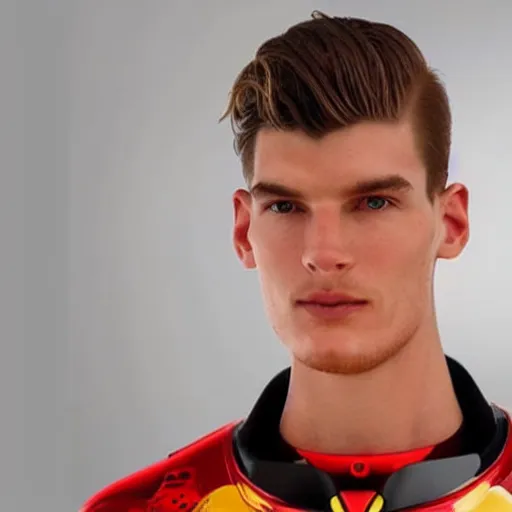 Image similar to “a realistic detailed photo of a guy who is an attractive humanoid who is half robot and half humanoid, who is a male android, Max Verstappen, shiny skin, posing like a statue, blank stare”