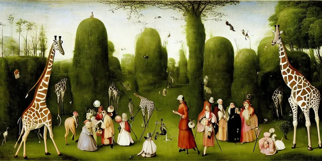 Prompt: elegant victorian tea party with giraffes in a topiary english garden, hyper realistic hieronymus bosch - h 7 6 8