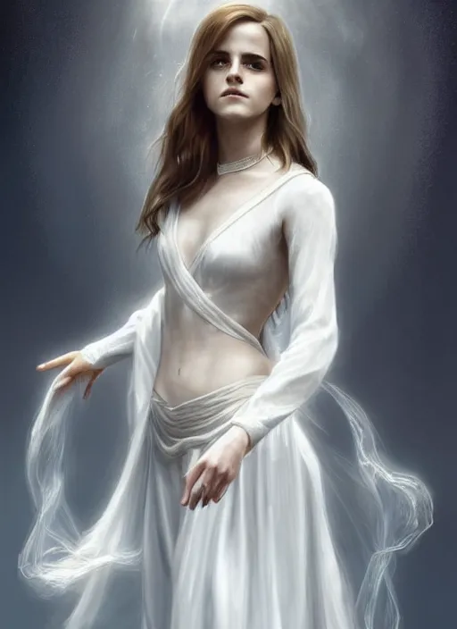 Image similar to emma watson as magic healer celestial, long hair, white and transparent cloth, D&D, shiny background, intricate, elegant, highly detailed, digital painting, artstation, concept art, smooth, sharp focus, illustration, artgerm, bouguereau