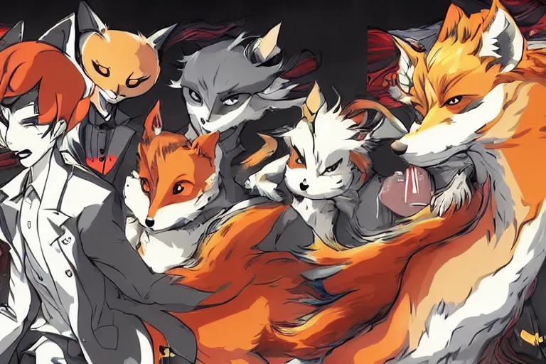 Image similar to a furry tan male fox on a persona 5 : royal ( by atlus ) video game splash screen, a furry male sandcolored tan fox fursona ( has hair ), persona 5 phantom thief style