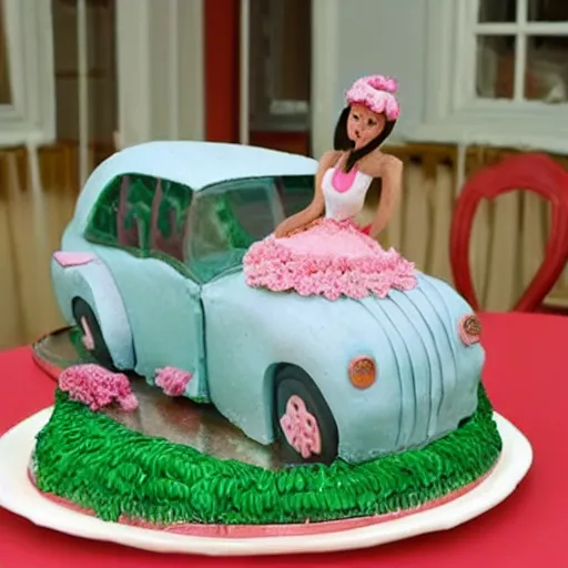 Image similar to A woman discovers that everything is made of cakes: the house, the car and even herself