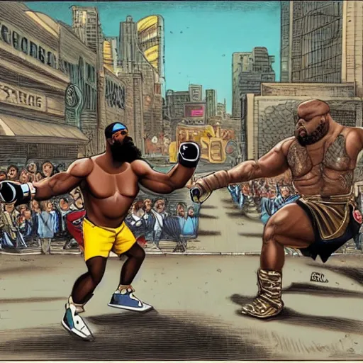 Image similar to mr. t fighting kimbo slice in city street traffic, intricate complexity, extremely detailed, very sharp,