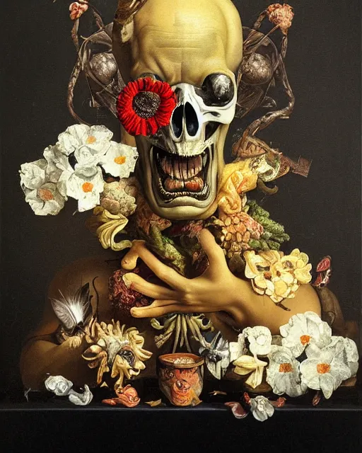 Image similar to refined gorgeous blended oil painting with black background by christian rex van minnen rachel ruysch dali todd schorr of a chiaroscuro portrait of an extremely bizarre disturbing mutated man made of still life flowers and rubber insects with shiny skin acne dutch golden age vanitas intense chiaroscuro cast shadows obscuring features dramatic lighting perfect symmetry perfect composition masterpiece