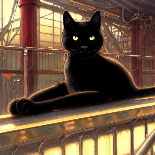 Prompt: beautiful black cat sitting on ship deck, naval background, fantasy, highly detailed, digital painting, artstation, concept art, smooth, sharp focus, illustration, art by artgerm and greg rutkowski and alphonse mucha