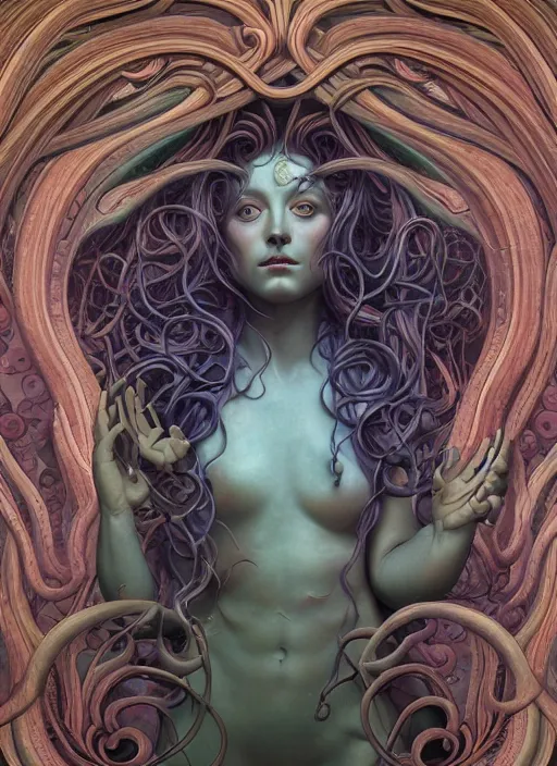 Image similar to medusa, wooden art nouveau swirls, strong subsurface scattering, in the style of james jean and tomasz alen kopera, mystical colors, rim light, soft lighting, 8 k, stunning scene, raytracing, octane render, trending on artstation