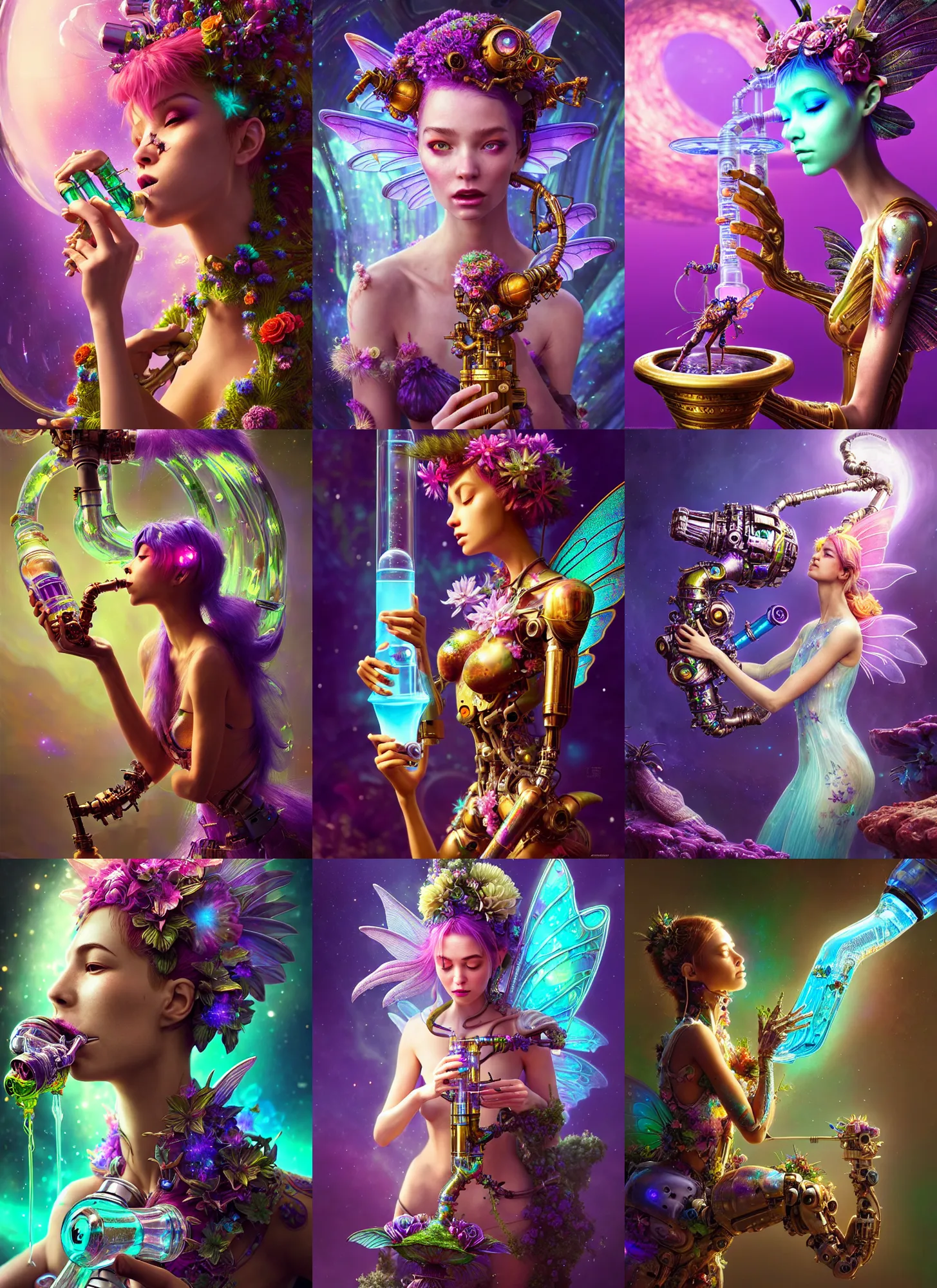 Prompt: polished lush galactic fairy ornate floral edm cyborg sucking an elaborate waterpipe : : weta disney pixar movie still photo : : hi - fructose, sci fi, decadent highly - detailed digital painting, golden ratio, octane render, artstation, smooth, sharp focus, artgerm mucha, loish, wlop : :