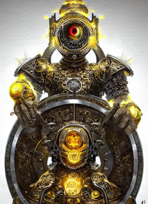 Prompt: full body, attack position abstract portrait of a intricate ornate holy mechanical warforged with circular glowing eye, character in yellow armor holding a legendary paladin engraved great longsword with a metal blade drawn and carrying a huge heavy paladin shield, vertically flat head, face in focus, epic , trending on ArtStation, masterpiece, cinematic lighting, by Ross Tran and by Greg Rutkowski