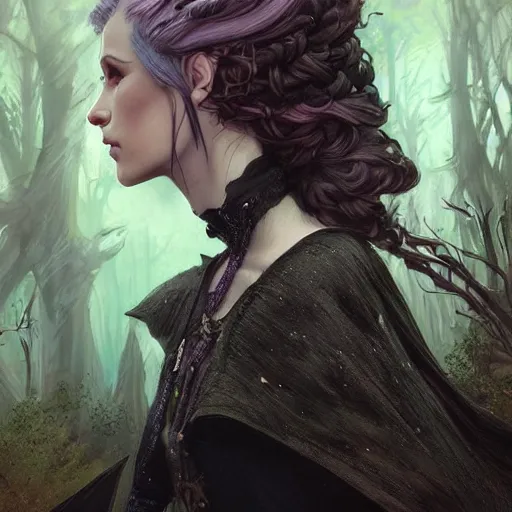 Image similar to cinematic side portrait witch, adventurer outfit large cloak, fantasy forest landscape, dragon scales in hair, supervillain, fantasy magic, undercut hairstyle, dark light night, intricate, elegant, sharp focus, illustration, highly detailed, digital painting, concept art, matte, art by WLOP and Artgerm and Greg Rutkowski and Alphonse Mucha, masterpiece