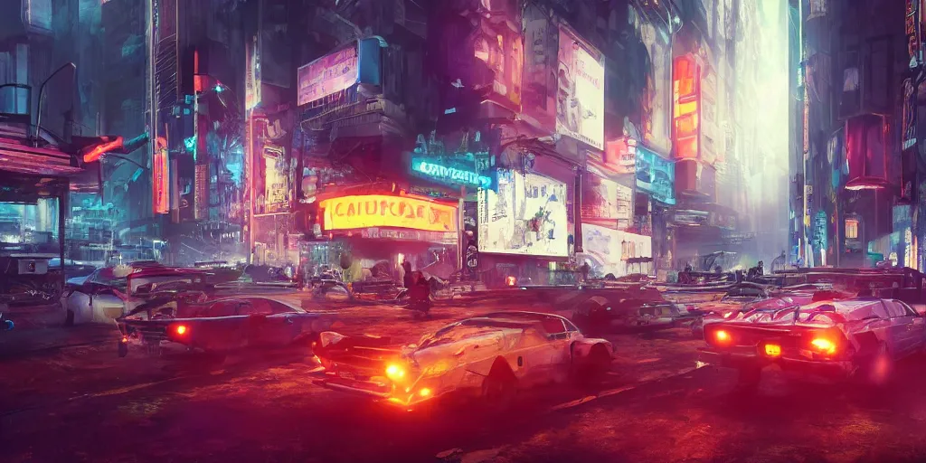 Image similar to a 3 d rendered in unreal engine guatemalan cyberpunk city with neon ads and signs with evocative dramatic mood with blade runner vibe with cars and floating vehicles with motion blur with depth of field with bloom with lightshaft with volumetric lights, fog, by jeremy mann, oscar winning graphics, photo realistic, bloom, imax, dynamic lighting, artstation,