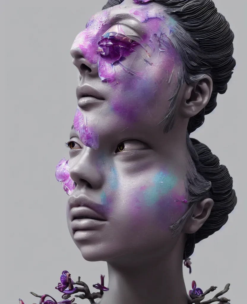 Image similar to goddess full painted acryllic sculpture close-up portrait. orchid bird betta fish, intricate artwork by Tooth Wu and wlop and beeple. octane render, trending on artstation, greg rutkowski very coherent symmetrical artwork. cinematic, hyper realism, high detail, octane render, 8k