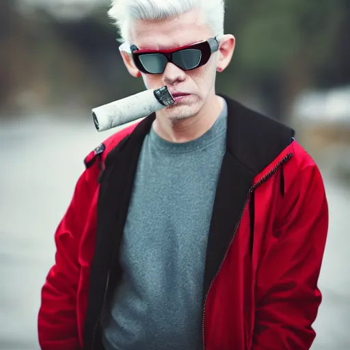 Image similar to young man in red jacket and white shirt, white hair, round goggles, smoking cigarette, character portrait, sharp focus, 4 k