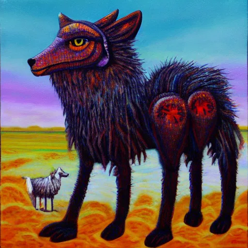 Prompt: an anthromorphic wolf robot using the force to levitate a sheep, by amanda clark in a psychedelic style, oil on canvas